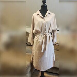 OKTA Design by ej Khaki Belted Midi Shirt Dress Korean Neutral Utility Medium
